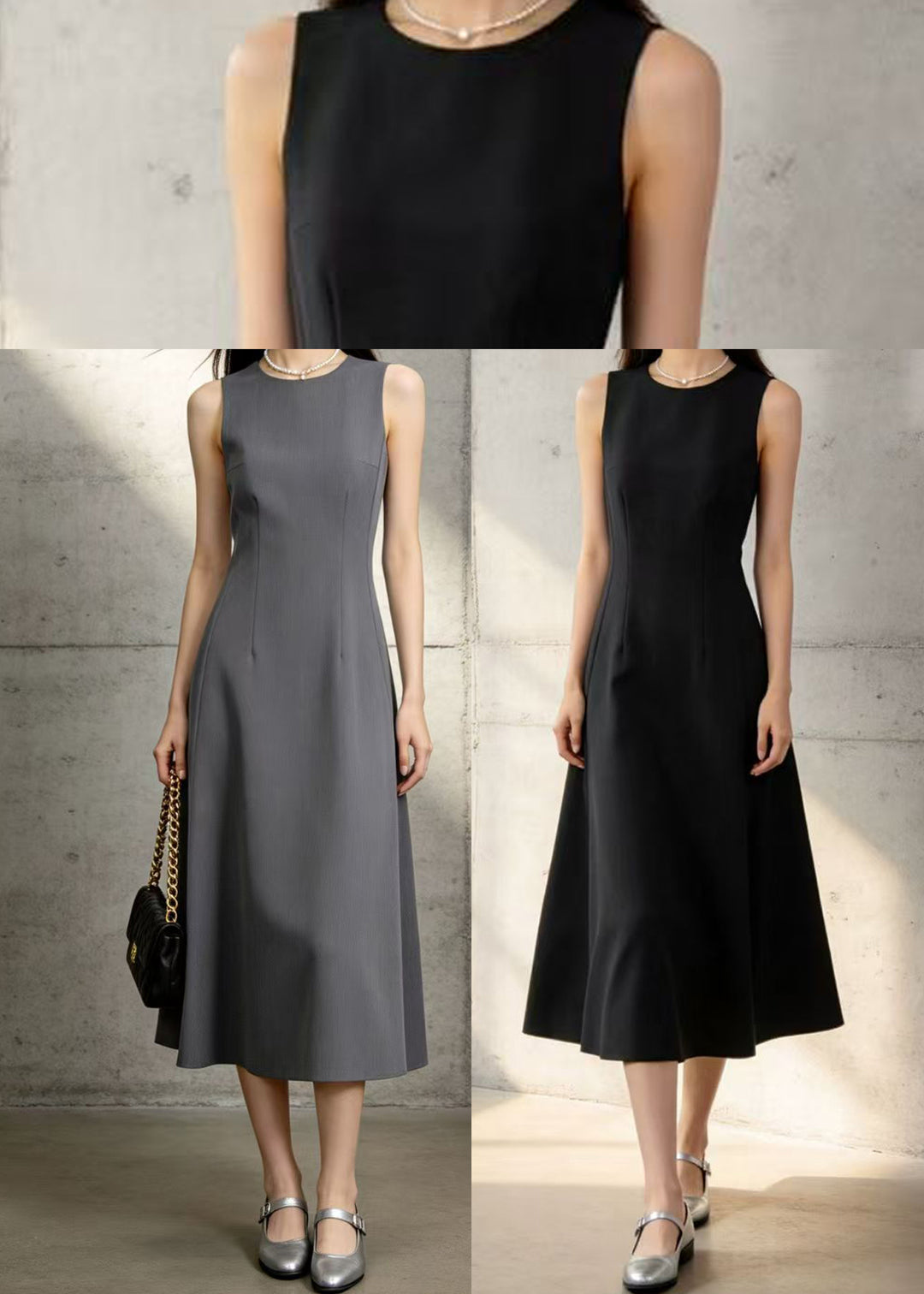 French Black O-Neck Cotton A Line Dress Sleeveless