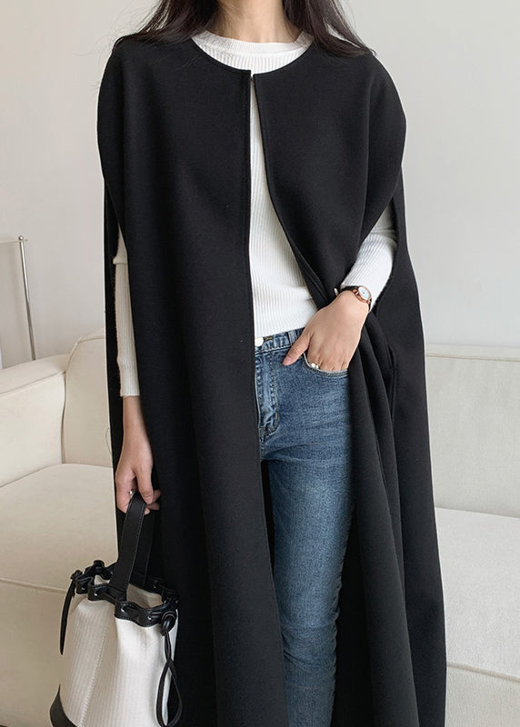 French Black O Neck Cozy Woolen Waistcoat Batwing Sleeve