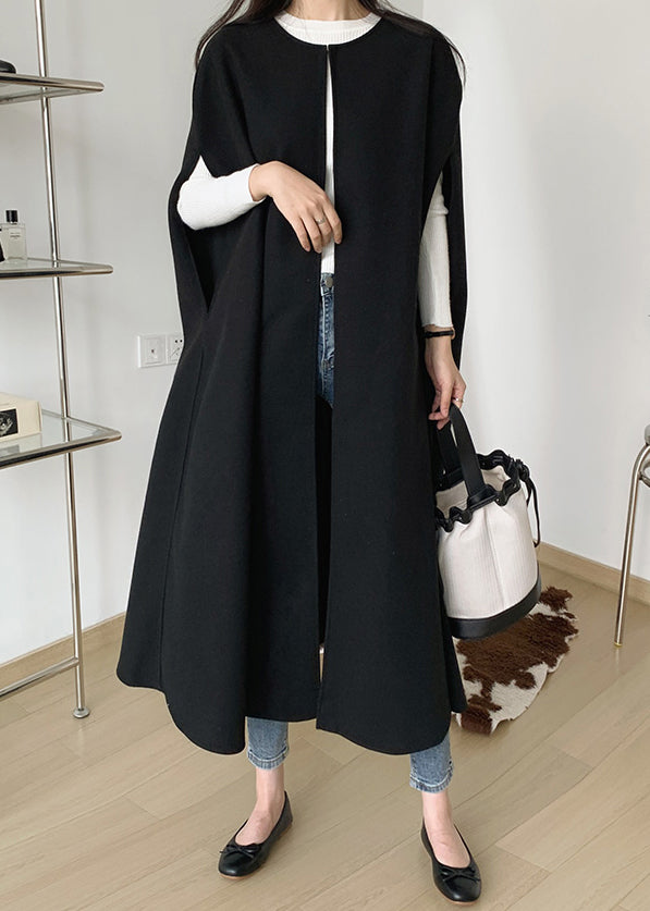 French Black O Neck Cozy Woolen Waistcoat Batwing Sleeve