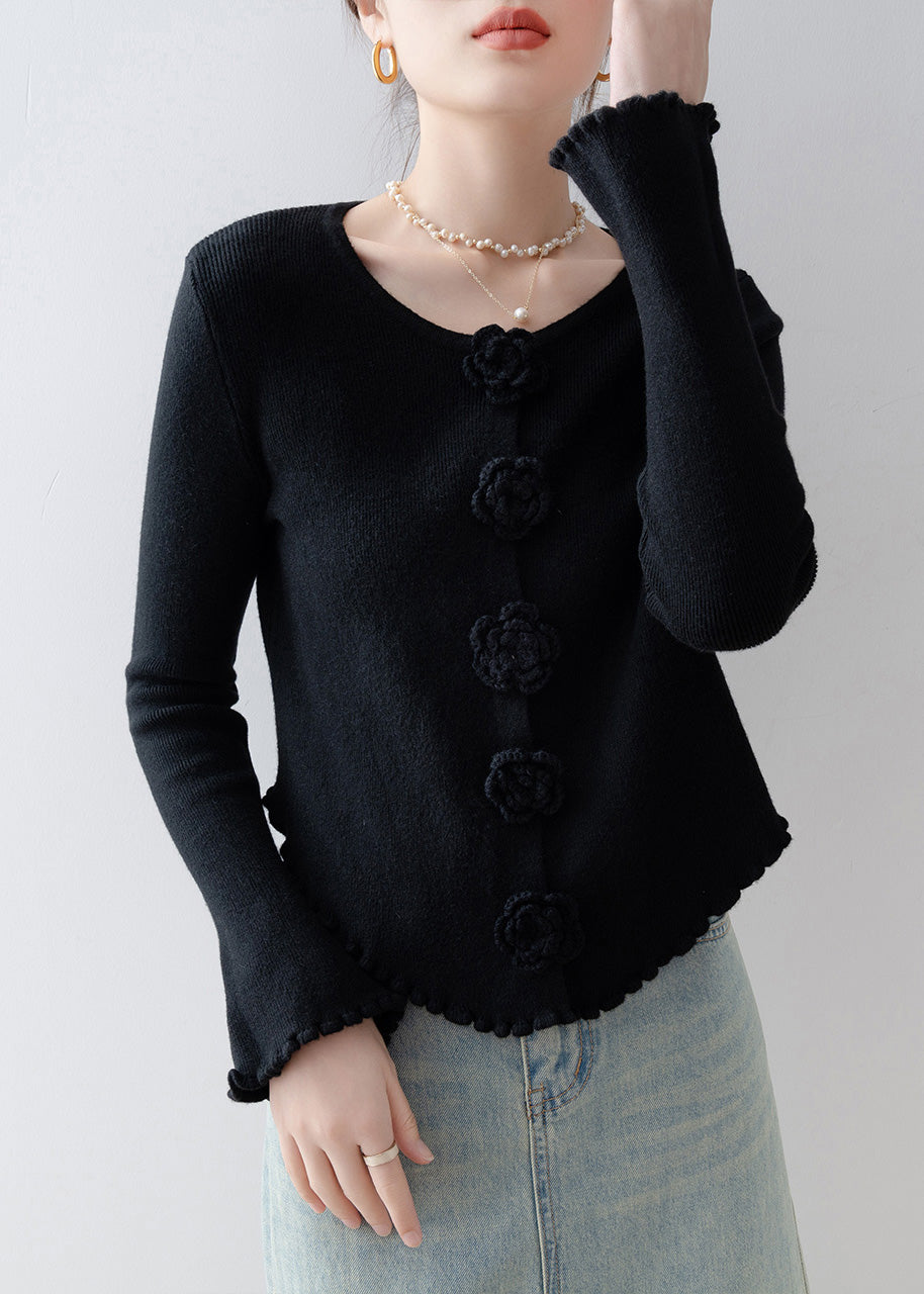 French Black O Neck Floral Ruffled Knitted Tops Spring