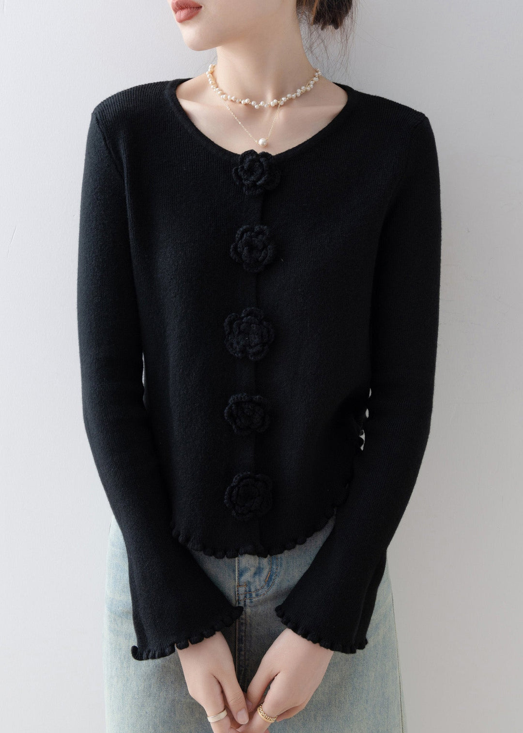 French Black O Neck Floral Ruffled Knitted Tops Spring