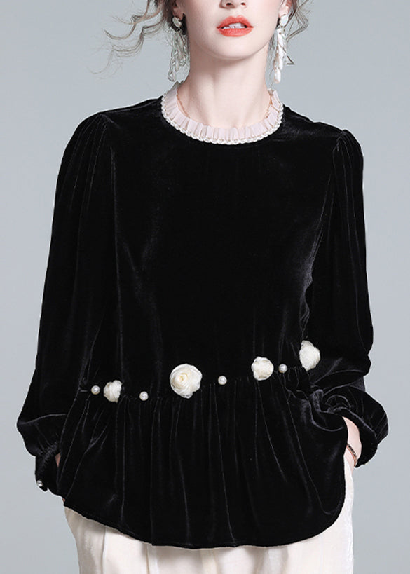 French Black O-Neck Floral Wrinkled Silk Velour Top Lantern Sleeve
