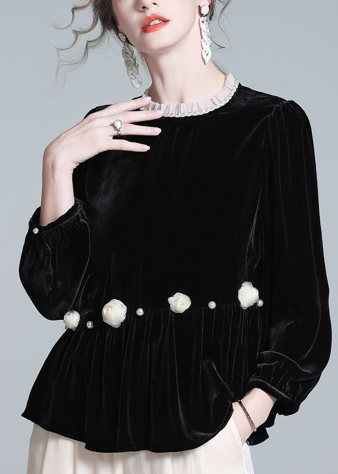 French Black O-Neck Floral Wrinkled Silk Velour Top Lantern Sleeve