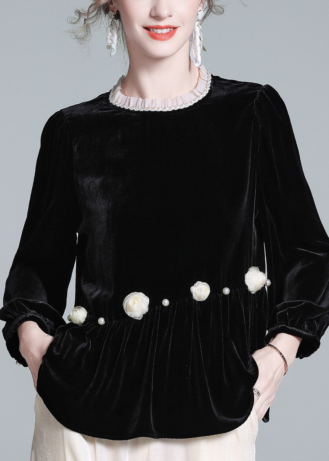 French Black O-Neck Floral Wrinkled Silk Velour Top Lantern Sleeve