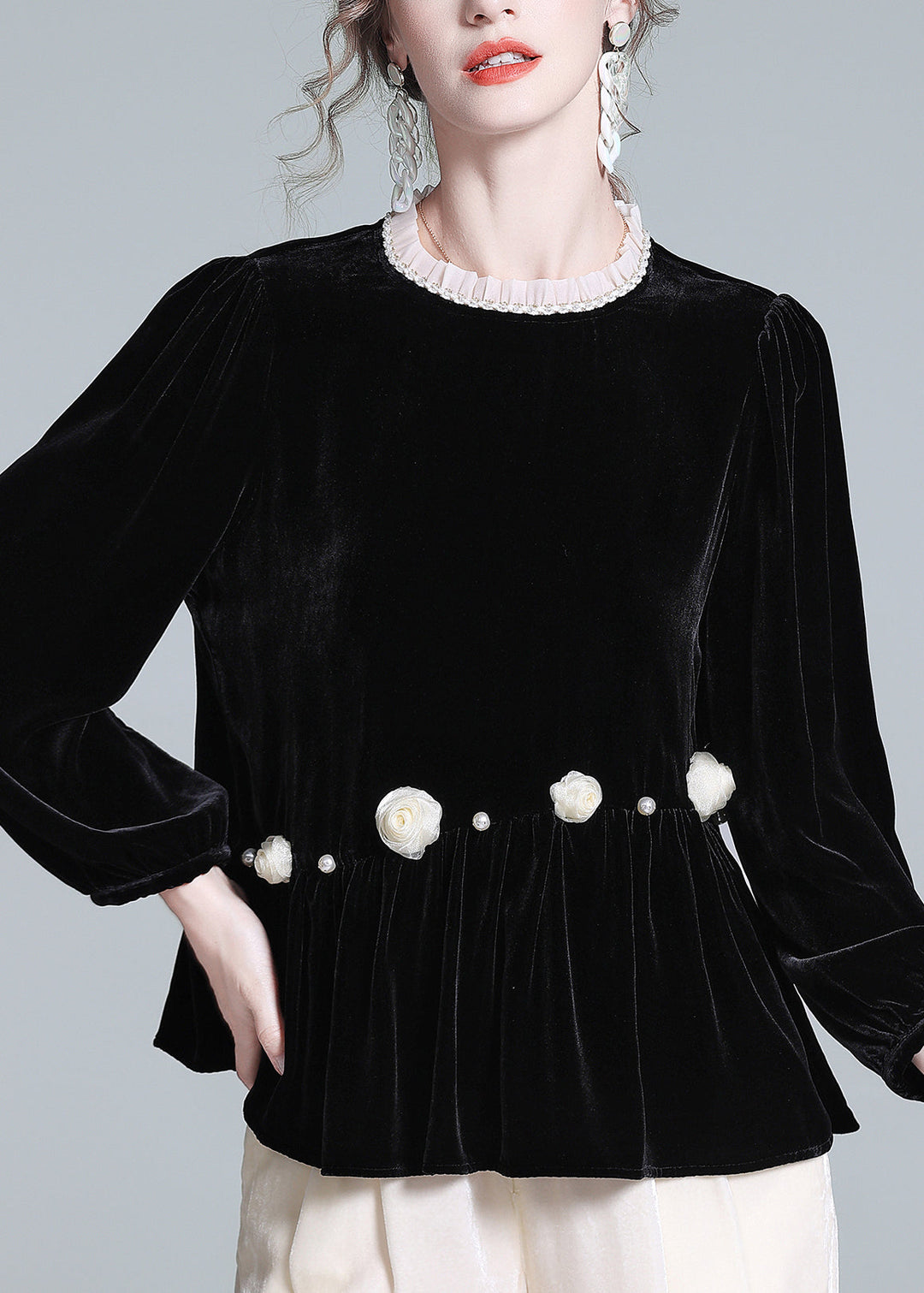 French Black O-Neck Floral Wrinkled Silk Velour Top Lantern Sleeve