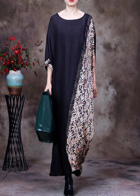 French Black O Neck Print Patchwork Silk Long Dresses Half Sleeve