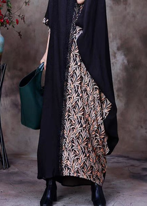 French Black O Neck Print Patchwork Silk Long Dresses Half Sleeve