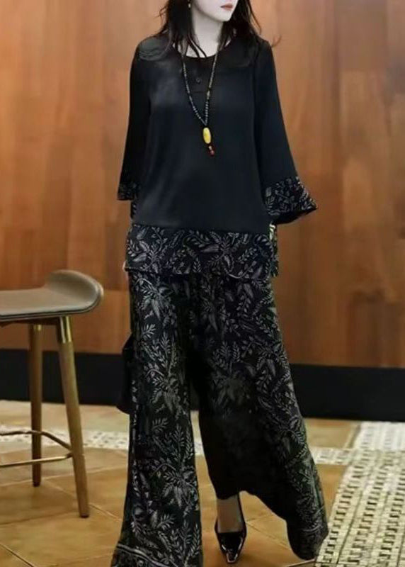 French Black O Neck Print Patchwork Silk Two-Piece Set Fall
