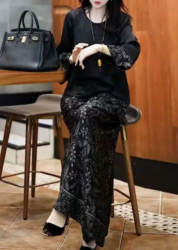 French Black O Neck Print Patchwork Silk Two-Piece Set Fall