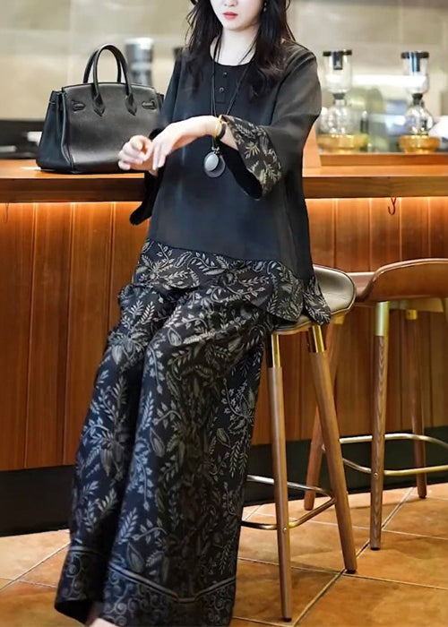French Black O Neck Print Patchwork Silk Two-Piece Set Fall