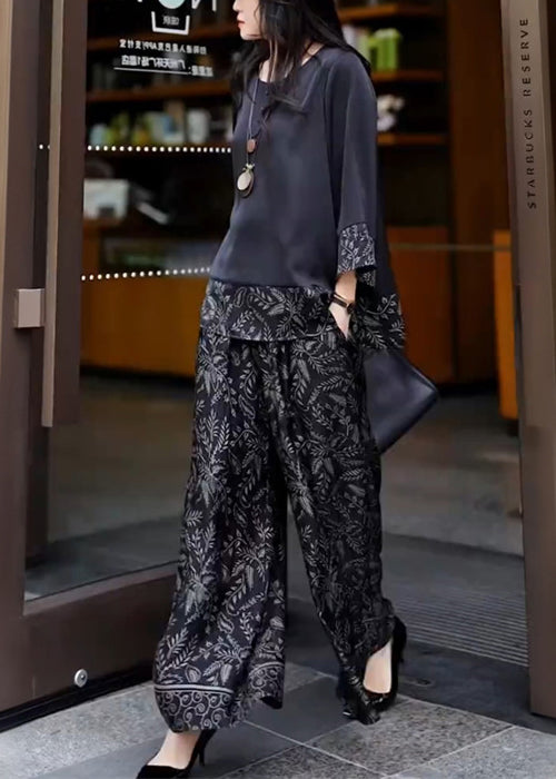 French Black O Neck Print Patchwork Silk Two-Piece Set Fall
