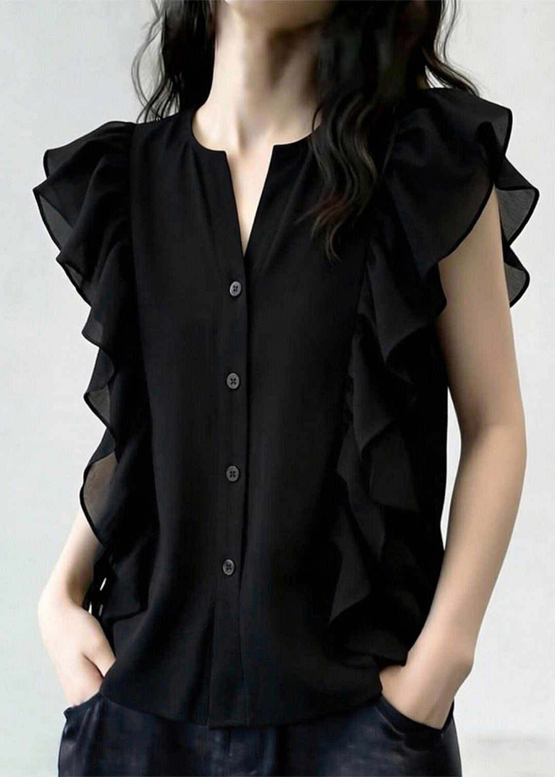 French Black O-Neck Ruffled Patchwork Chiffon Shirt Summer