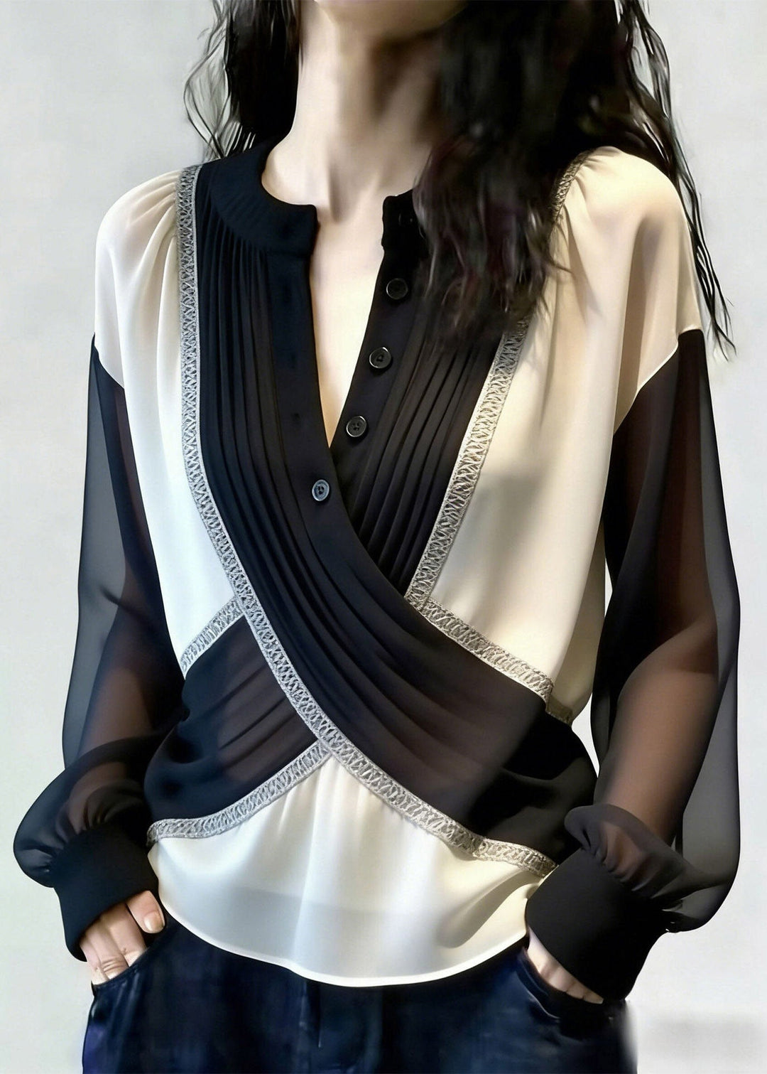 French Black O-Neck Tulle Patchwork Shirt Lantern Sleeve