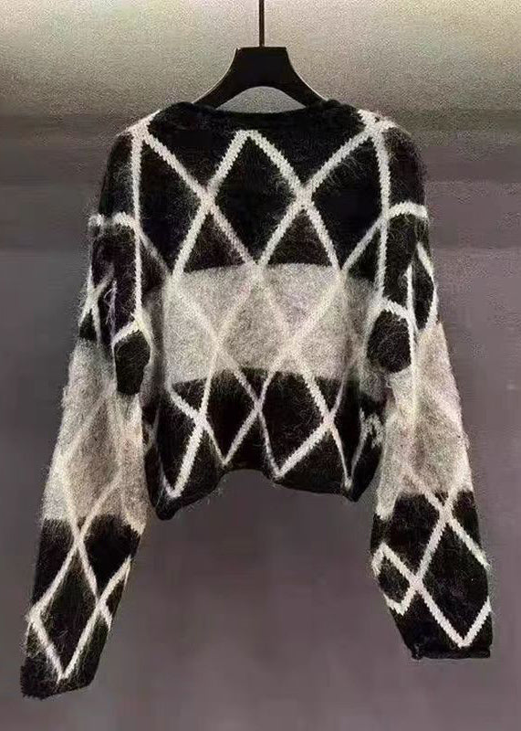 French Black O Neck Zircon Patchwork Knit Sweaters Spring