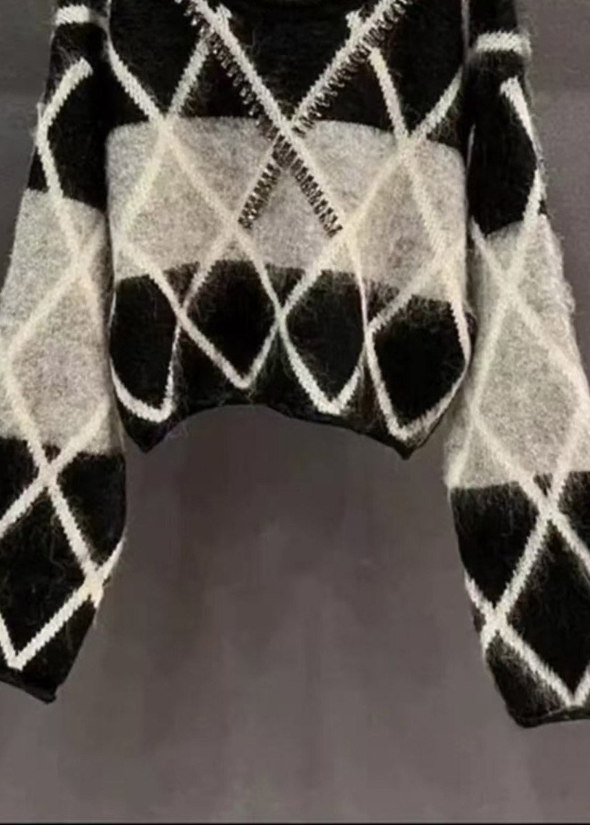 French Black O Neck Zircon Patchwork Knit Sweaters Spring