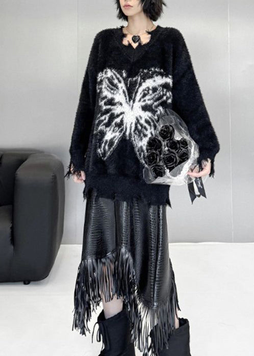French Black Oversized Butterfly Ripped Faux Mink Velvet Knit Pullover Winter