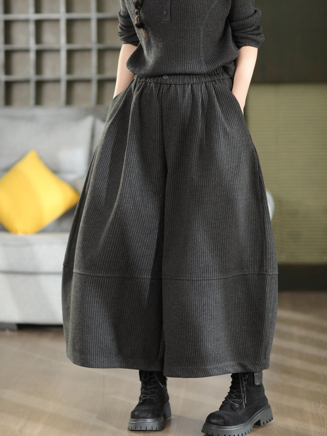 French Black Oversized Elastic Waist Corduroy Harem Pants Fall