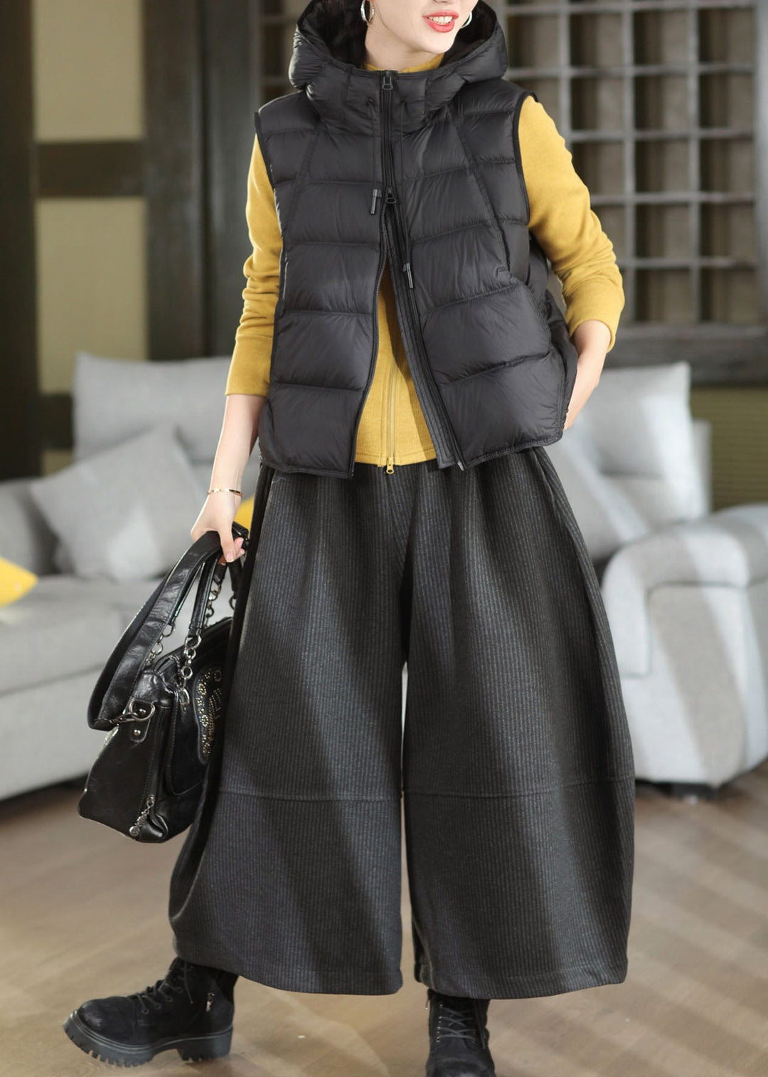 French Black Oversized Elastic Waist Corduroy Harem Pants Fall
