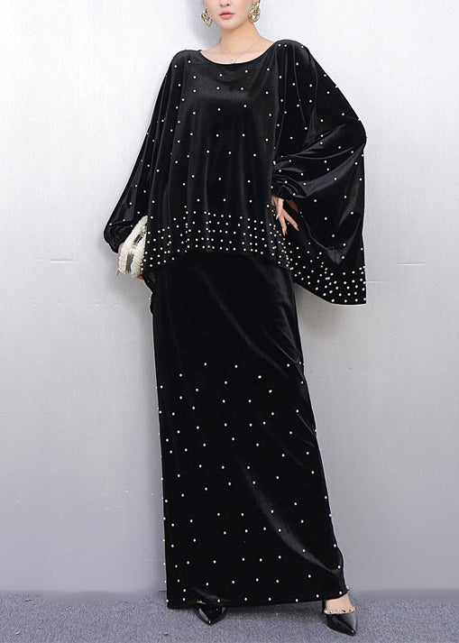 French Black Oversized Nail Bead Silk Velvet Two Piece Set Spring