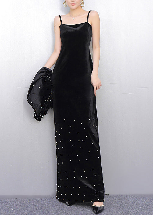 French Black Oversized Nail Bead Silk Velvet Two Piece Set Spring