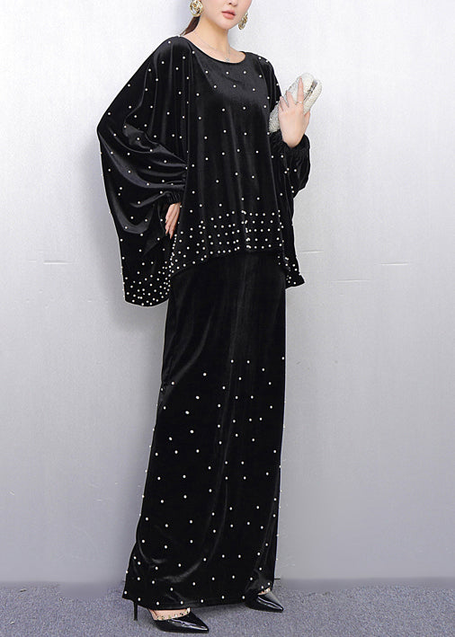 French Black Oversized Nail Bead Silk Velvet Two Piece Set Spring