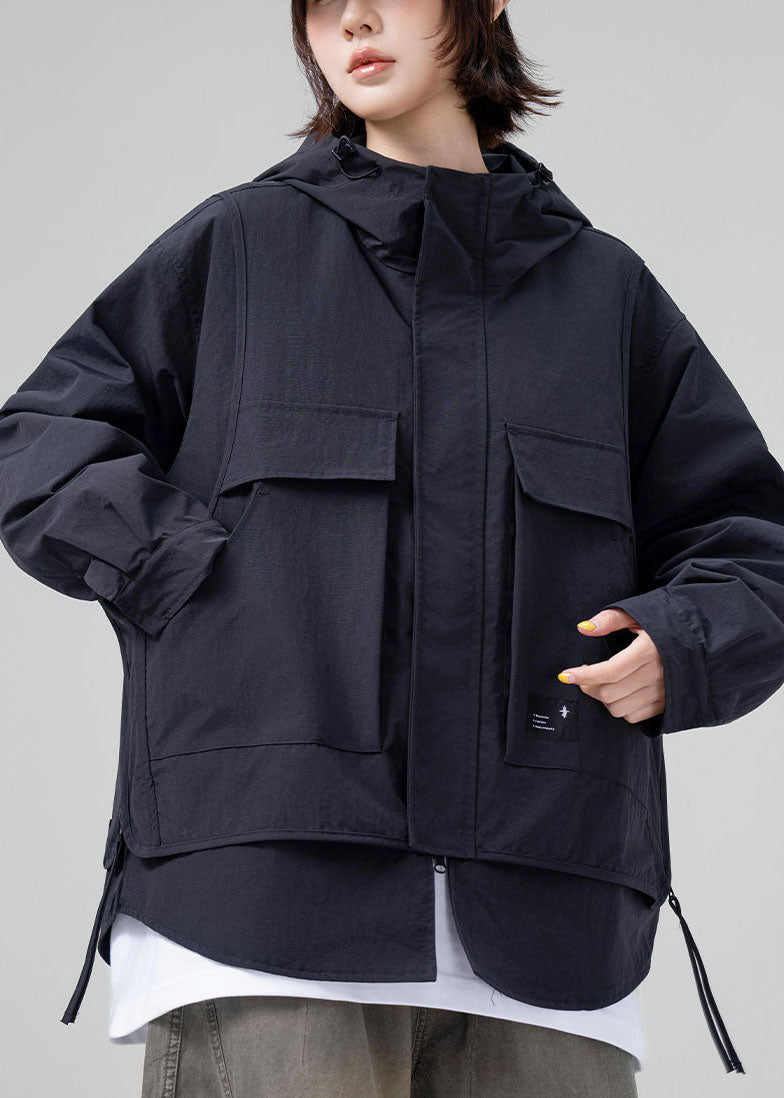 French Black Oversized Patchwork Cotton Fake Two Piece Coat Fall