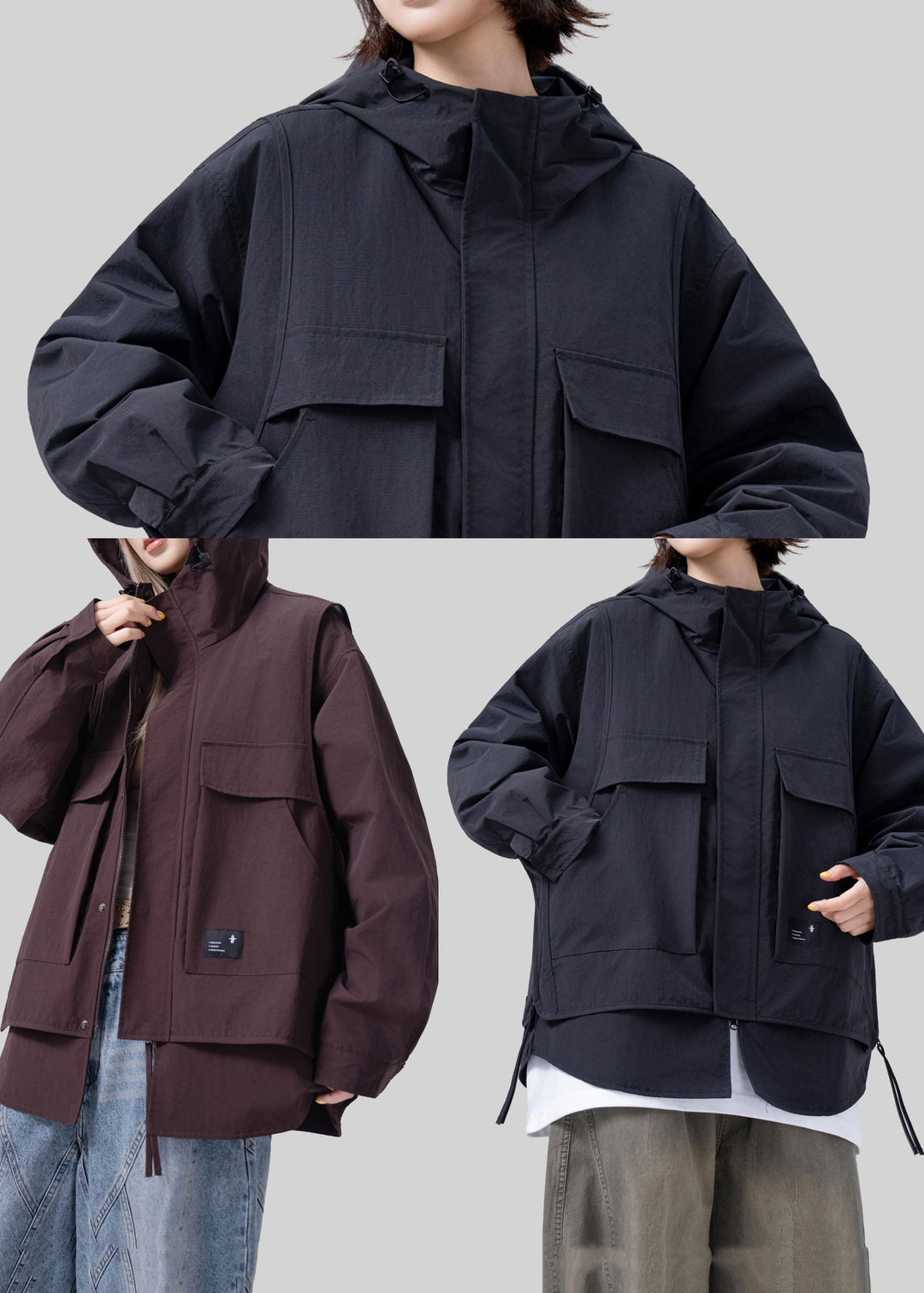 French Black Oversized Patchwork Cotton Fake Two Piece Coat Fall