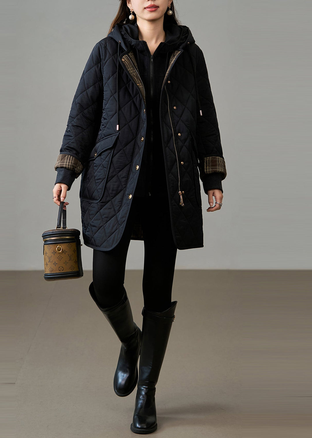 French Black Oversized Patchwork Fine Cotton Filled Hooded Coat Winter