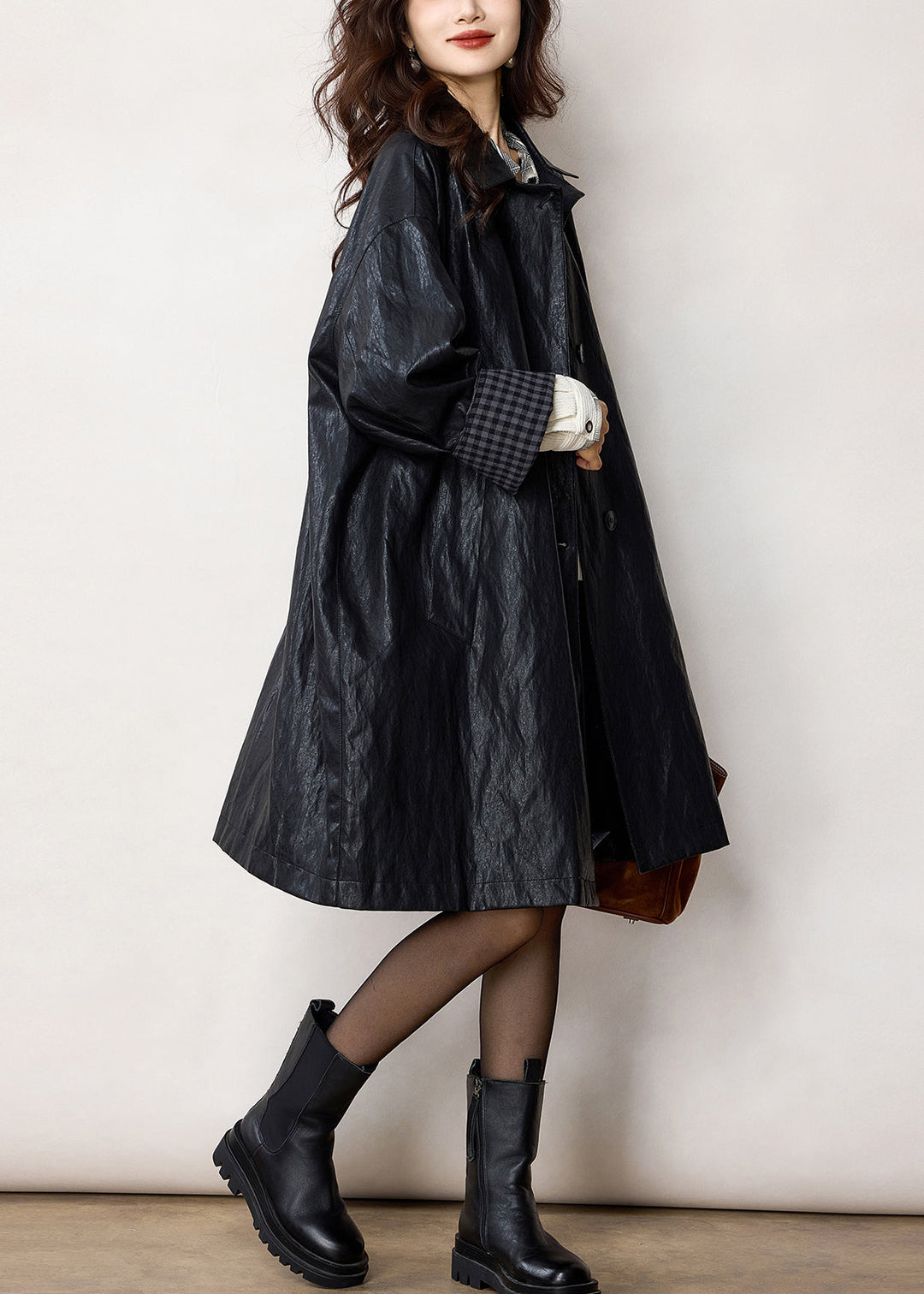 French Black Oversized Plaid Faux Leather Trench Winter