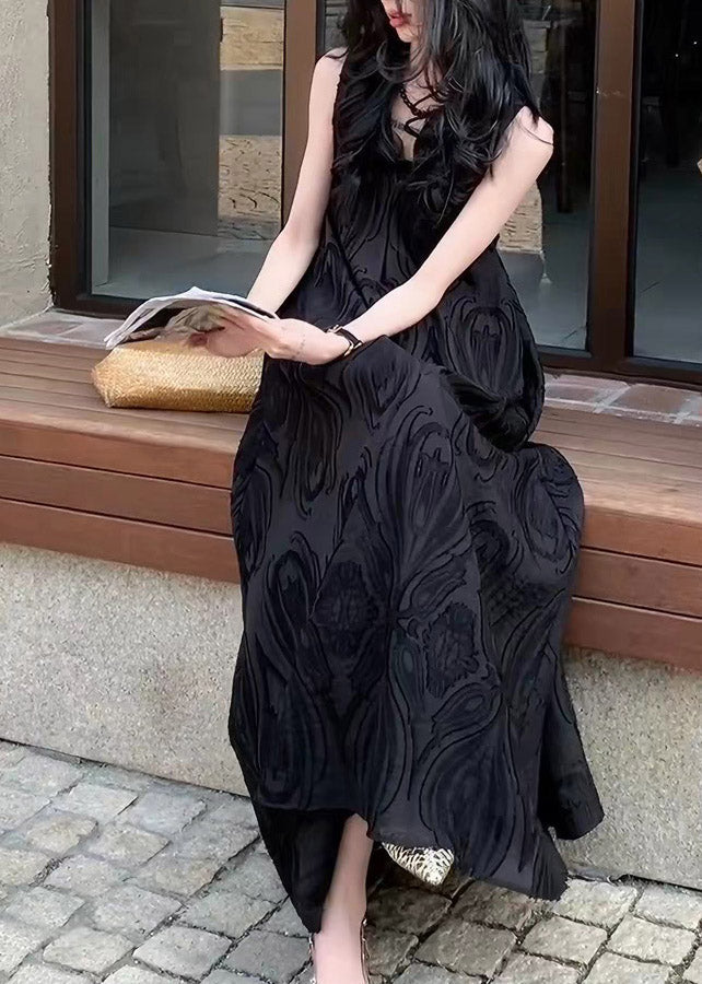 French Black Patchwork Long Dress V Neck Sleeveless