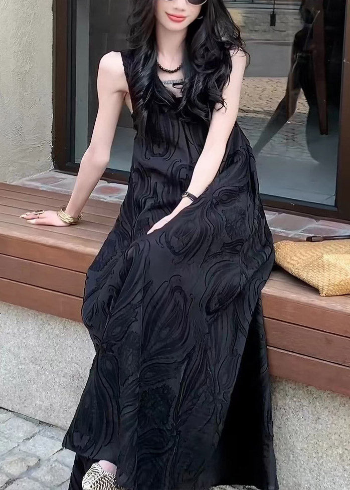 French Black Patchwork Long Dress V Neck Sleeveless