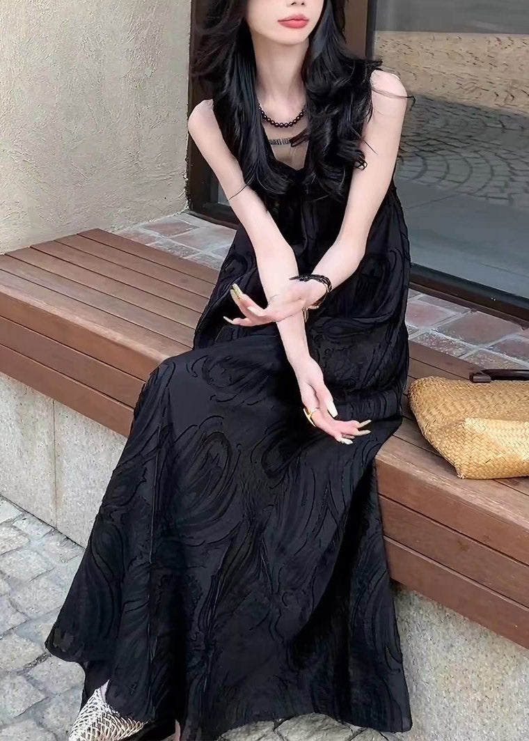 French Black Patchwork Long Dress V Neck Sleeveless