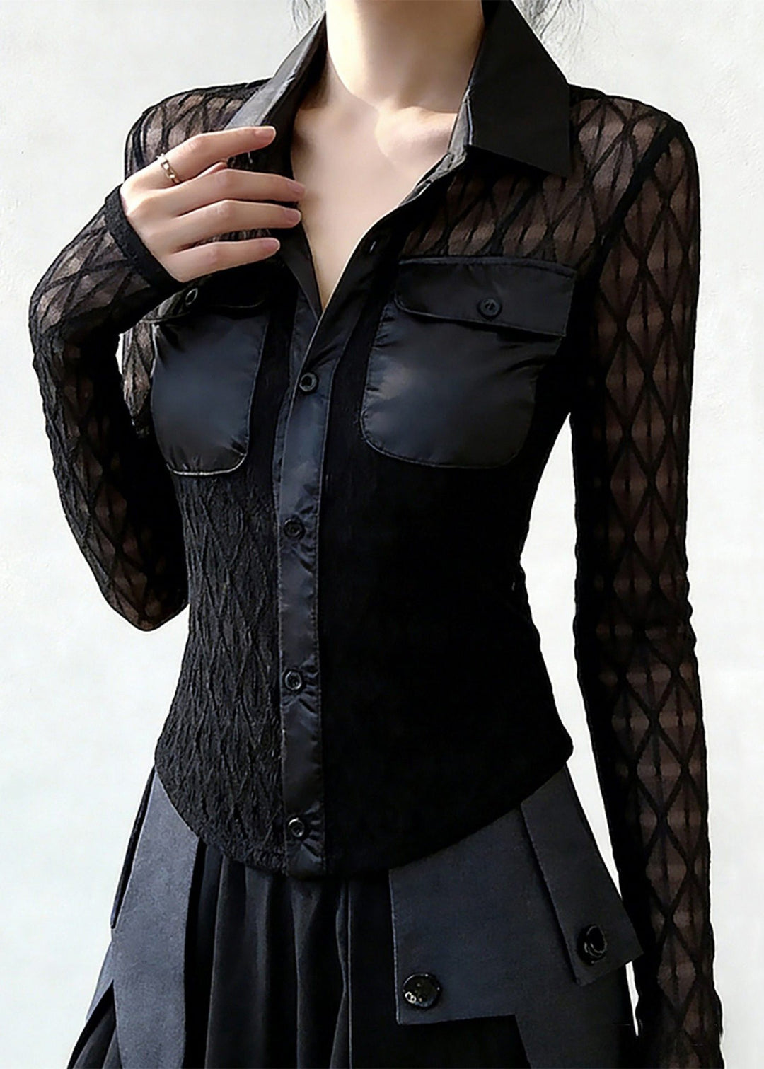 French Black Peter Pan Collar Button Pockets Patchwork Lace Blouses Spring