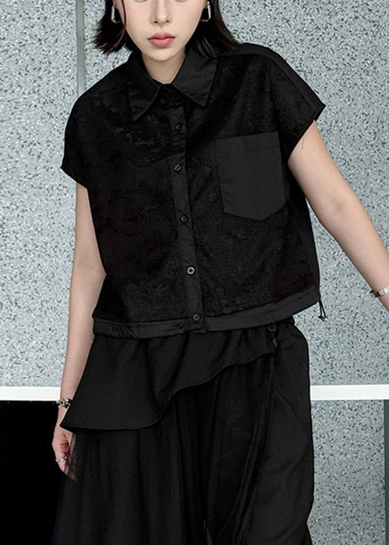 French Black Peter Pan Collar Jacquard Pockets Cotton Top Summer
