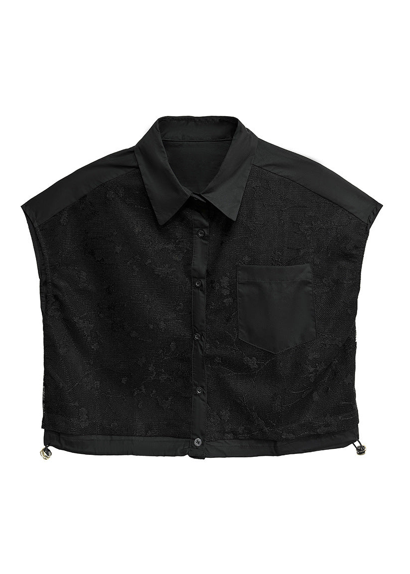 French Black Peter Pan Collar Jacquard Pockets Cotton Top Summer