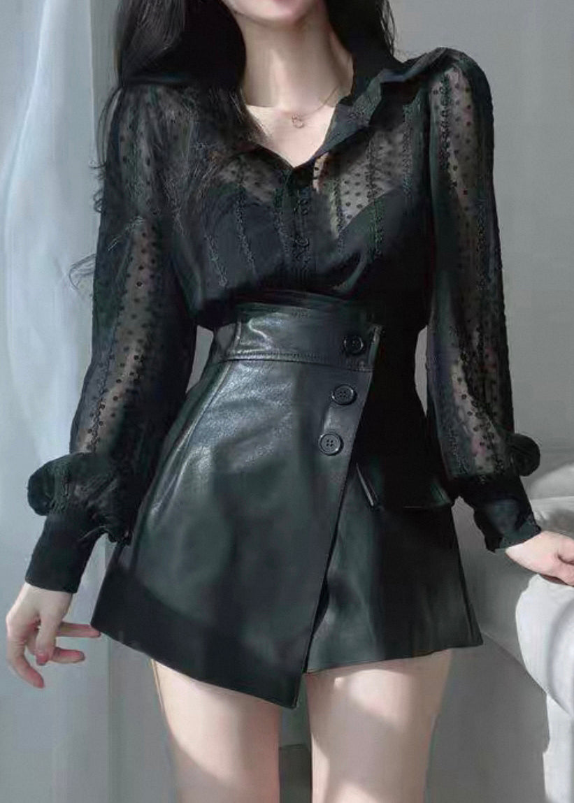 French Black Peter Pan Collar Lace Cotton Blouses Fall