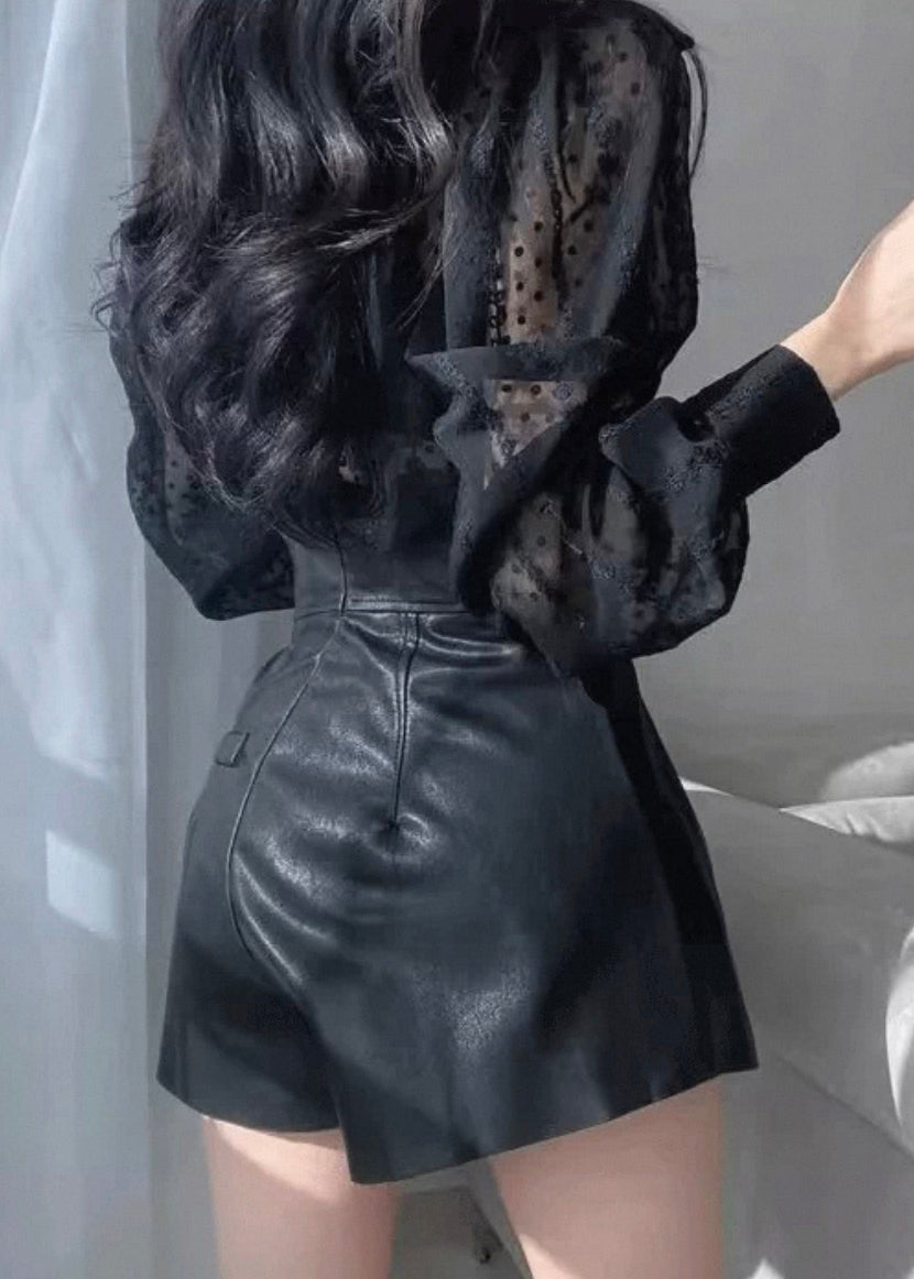 French Black Peter Pan Collar Lace Cotton Blouses Fall