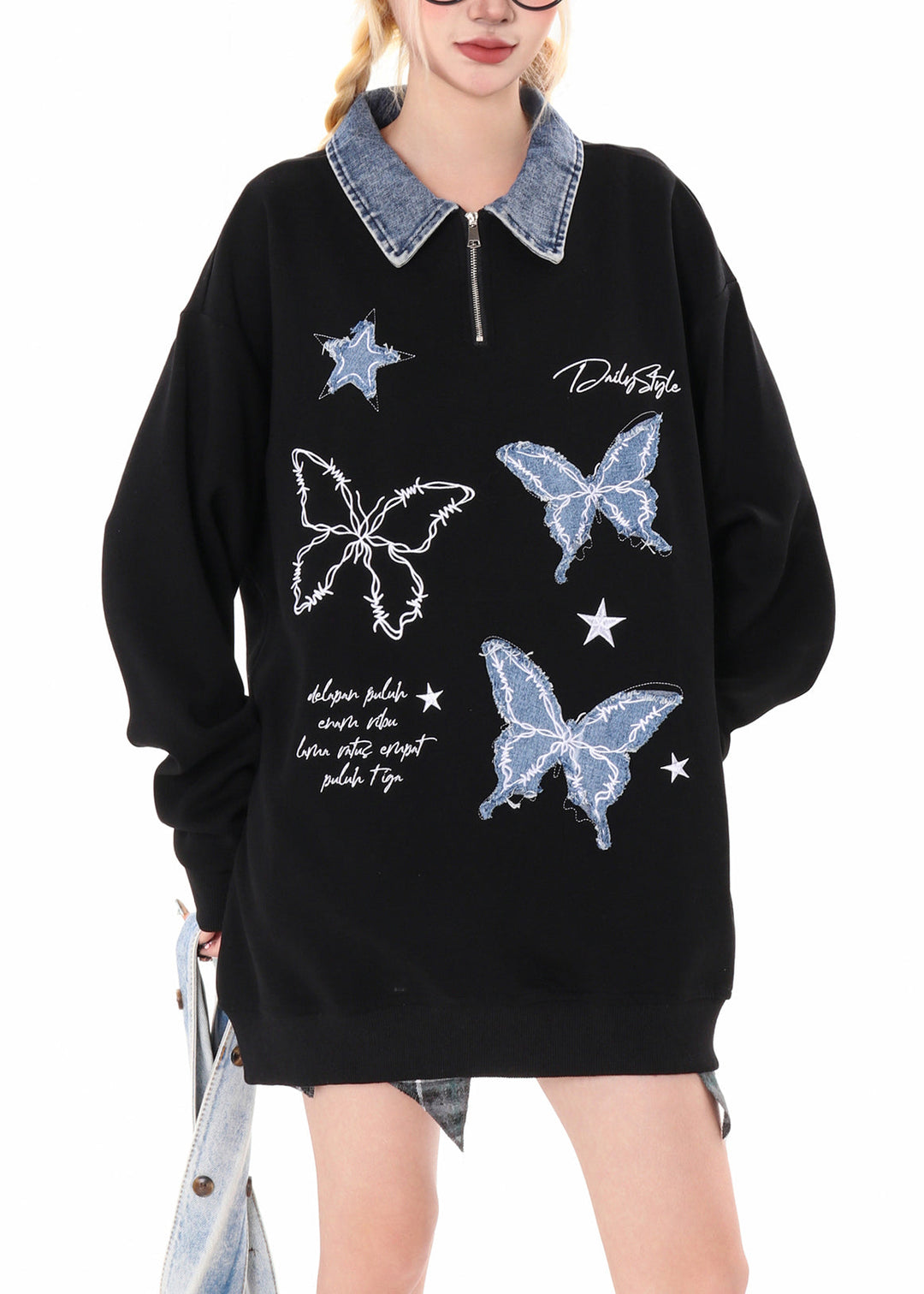 French Black Peter Pan Collar Patchwork Butterfly Pullover Sweatshirt Spring