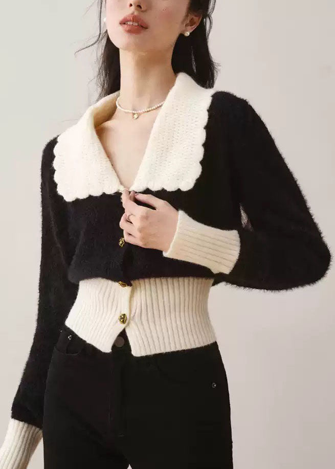 French Black Peter Pan Collar Patchwork Knit Cardigan Fall