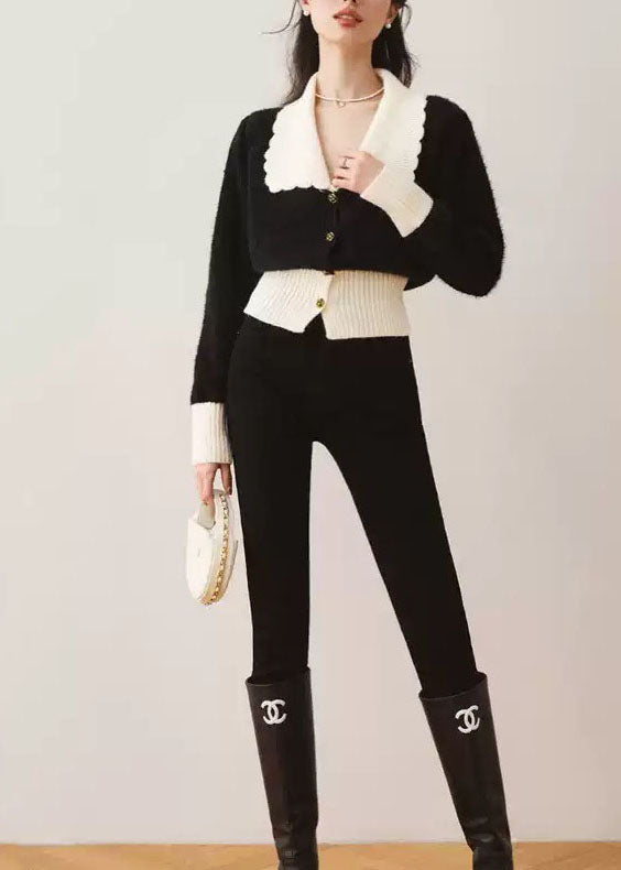 French Black Peter Pan Collar Patchwork Knit Cardigan Fall