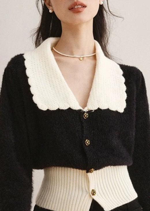 French Black Peter Pan Collar Patchwork Knit Cardigan Fall