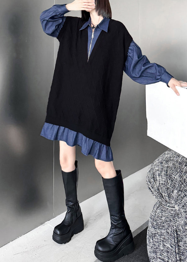 French Black Peter Pan Collar Zippered Denim Patchwork Mid Dresses Fall