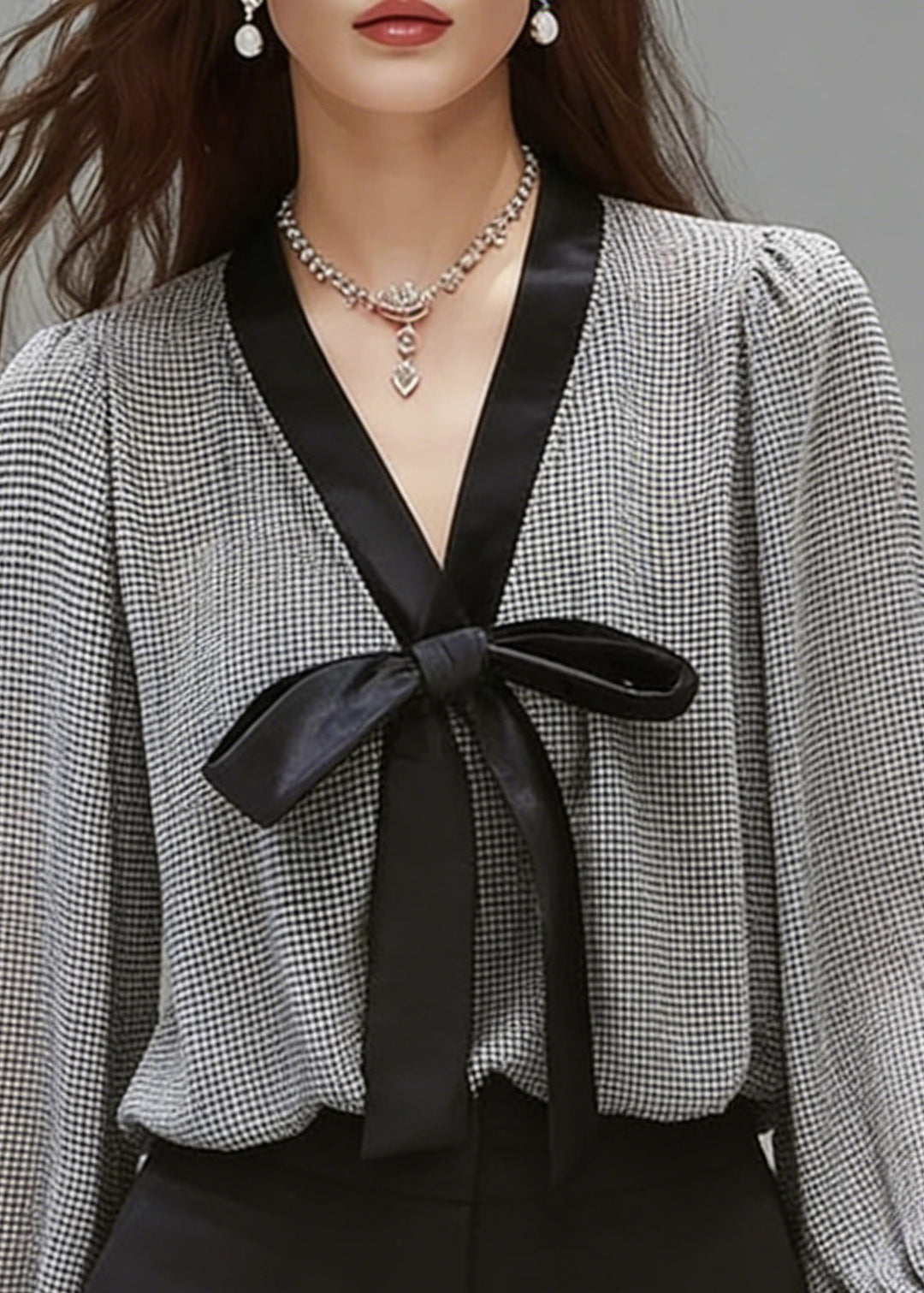 French Black Plaid Bow Chiffon Shirt Top Spring