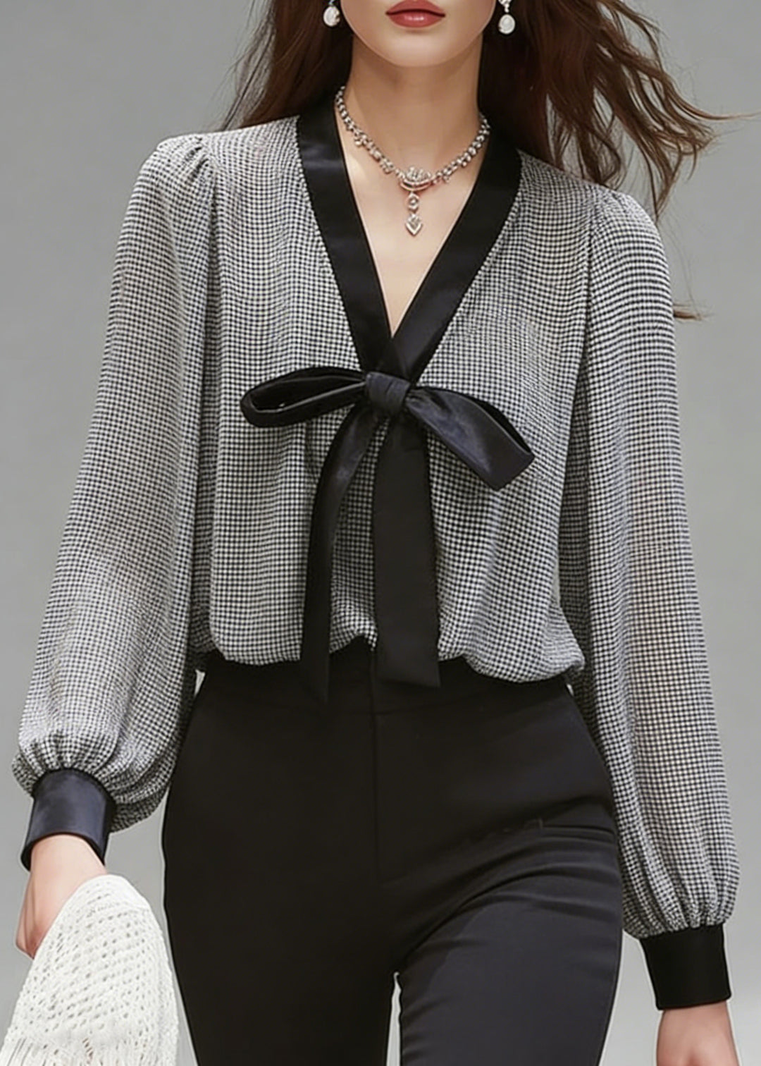 French Black Plaid Bow Chiffon Shirt Top Spring