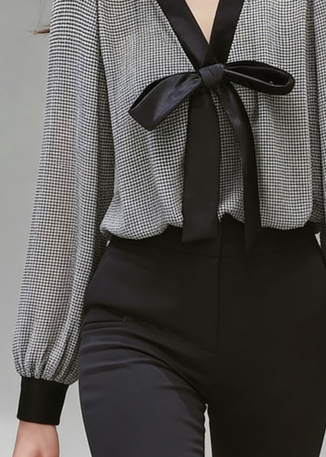 French Black Plaid Bow Chiffon Shirt Top Spring