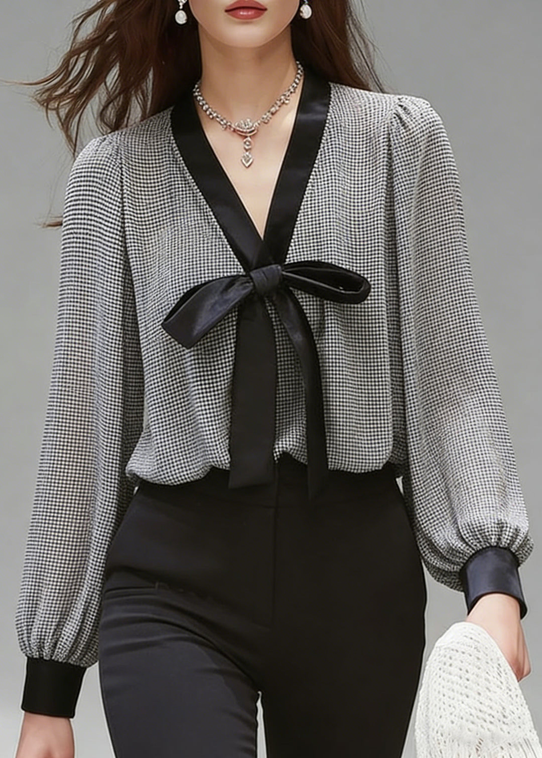 French Black Plaid Bow Chiffon Shirt Top Spring