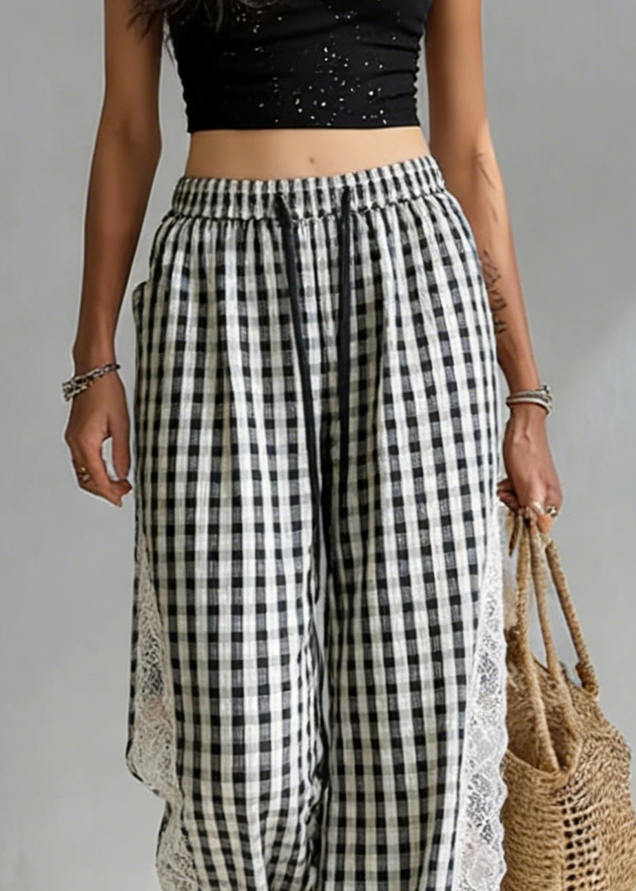 French Black Plaid Elastic Waist Lace Patchwork Cotton Pants Summer - Omychic