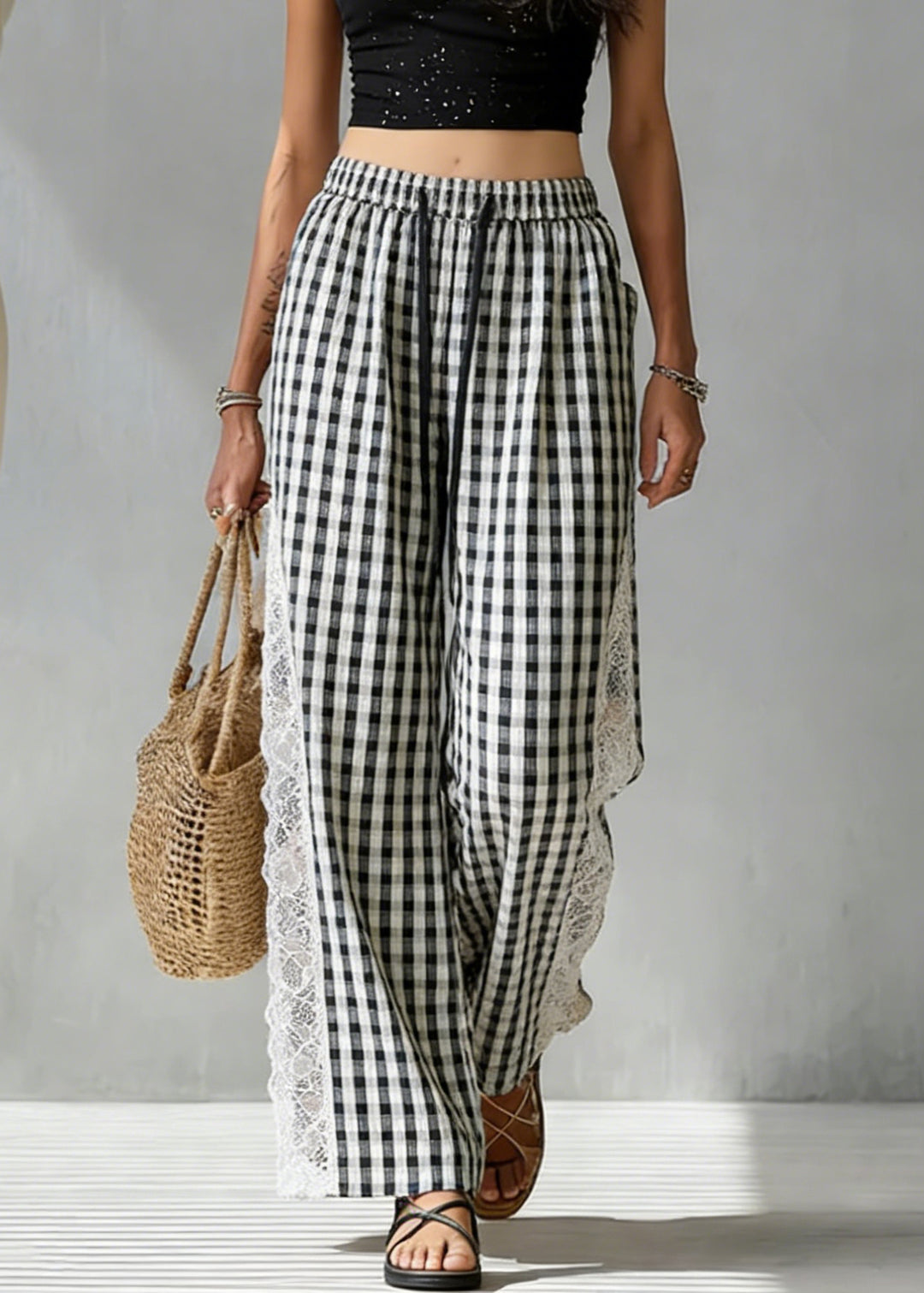 French Black Plaid Elastic Waist Lace Patchwork Cotton Pants Summer - Omychic