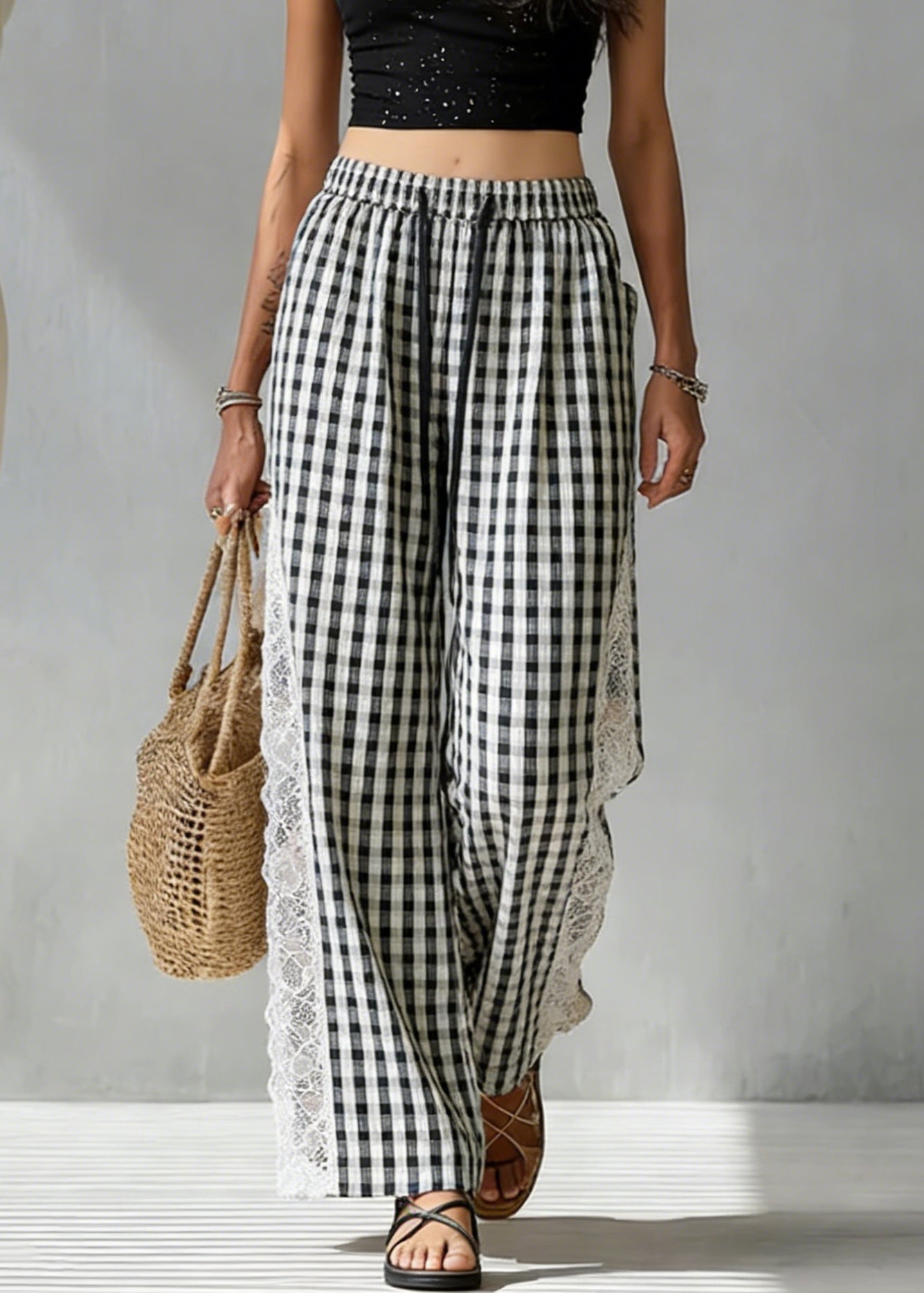 French Black Plaid Elastic Waist Lace Patchwork Cotton Pants Summer - Omychic