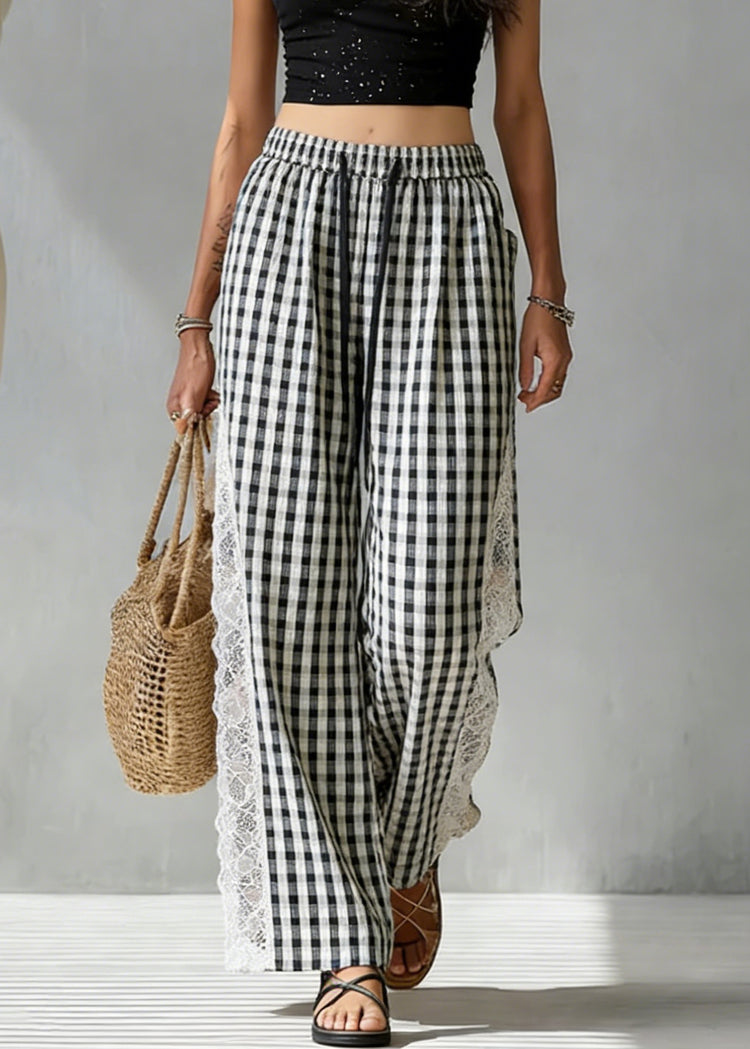 French Black Plaid Elastic Waist Lace Patchwork Cotton Pants Summer - Omychic